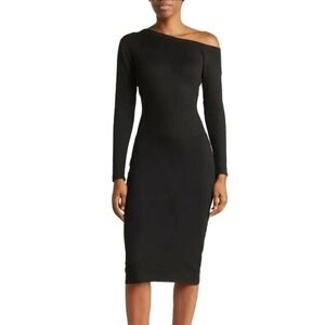 Blue orchid black one shoulder sweater dress womens size 2x bodycon knee length